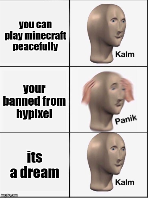 Reverse kalm panik | you can play minecraft peacefully; your banned from hypixel; its a dream | image tagged in reverse kalm panik | made w/ Imgflip meme maker