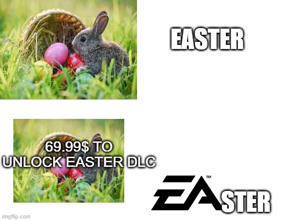 EAster | EASTER; 69.99$ TO UNLOCK EASTER DLC; STER | image tagged in blank white template | made w/ Imgflip meme maker