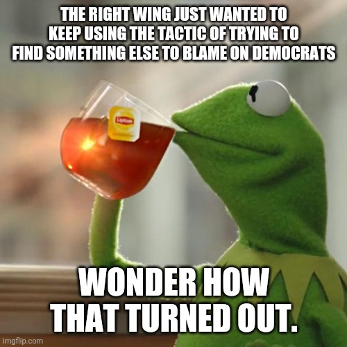 But That's None Of My Business Meme | THE RIGHT WING JUST WANTED TO KEEP USING THE TACTIC OF TRYING TO FIND SOMETHING ELSE TO BLAME ON DEMOCRATS WONDER HOW THAT TURNED OUT. | image tagged in memes,but that's none of my business,kermit the frog | made w/ Imgflip meme maker