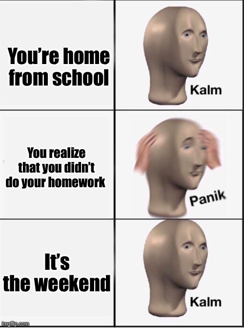 Reverse kalm panik | You’re home from school; You realize that you didn’t do your homework; It’s the weekend | image tagged in reverse kalm panik | made w/ Imgflip meme maker