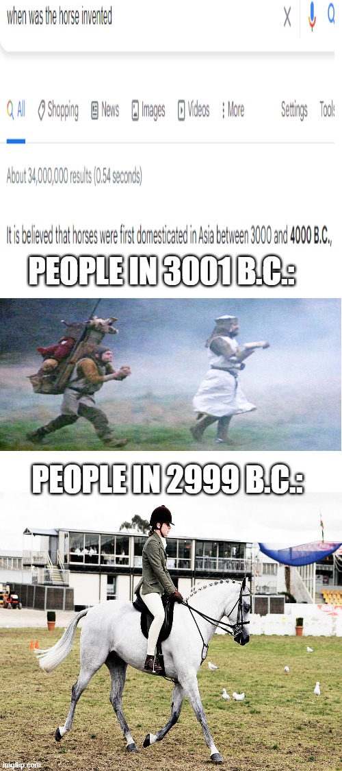If you've seen the holy grail then you'd get the joke | PEOPLE IN 3001 B.C.:; PEOPLE IN 2999 B.C.: | image tagged in blank white template,people,bc,horse | made w/ Imgflip meme maker