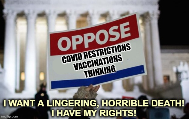 Trumptard idiots | COVID RESTRICTIONS
VACCINATIONS
THINKING; I WANT A LINGERING, HORRIBLE DEATH!
I HAVE MY RIGHTS! | image tagged in oppose demonstrator sign,covid-19,pandemic,trump,fools | made w/ Imgflip meme maker