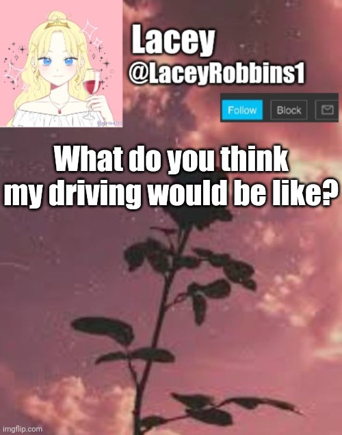 Lacey announcement template | What do you think my driving would be like? | image tagged in lacey announcement template | made w/ Imgflip meme maker