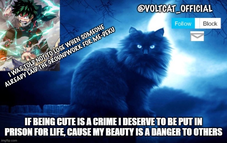 Voltcat's new template made by Oof_Calling | IF BEING CUTE IS A CRIME I DESERVE TO BE PUT IN PRISON FOR LIFE, CAUSE MY BEAUTY IS A DANGER TO OTHERS | image tagged in voltcat's new template made by oof_calling | made w/ Imgflip meme maker