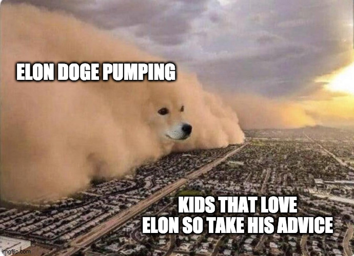Doge Memes | ELON DOGE PUMPING; KIDS THAT LOVE ELON SO TAKE HIS ADVICE | image tagged in doge cloud | made w/ Imgflip meme maker