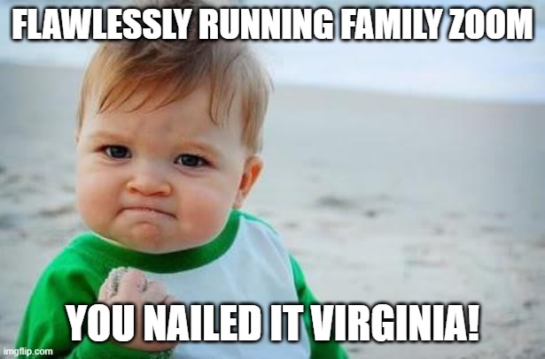 Fist pump baby | FLAWLESSLY RUNNING FAMILY ZOOM; YOU NAILED IT VIRGINIA! | image tagged in fist pump baby | made w/ Imgflip meme maker