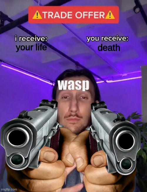 wasp shenanigans | death; your life; wasp | image tagged in wasp,trade offer,guns,gun,featured,fun | made w/ Imgflip meme maker