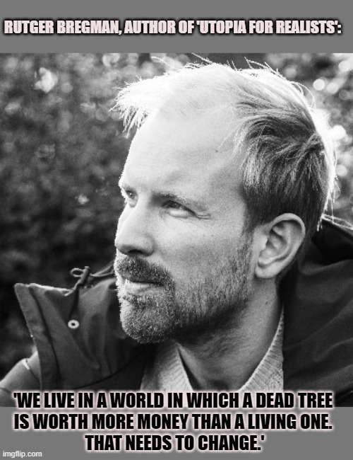 We live in a world in which a dead tree has more value than a living one. | RUTGER BREGMAN, AUTHOR OF 'UTOPIA FOR REALISTS':; 'WE LIVE IN A WORLD IN WHICH A DEAD TREE 
IS WORTH MORE MONEY THAN A LIVING ONE. 
THAT NEEDS TO CHANGE.' | image tagged in rutger bregman,environment,economics | made w/ Imgflip meme maker