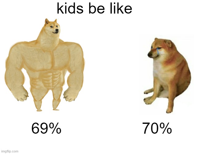 Buff Doge vs. Cheems | kids be like; 69%; 70% | image tagged in memes,buff doge vs cheems | made w/ Imgflip meme maker