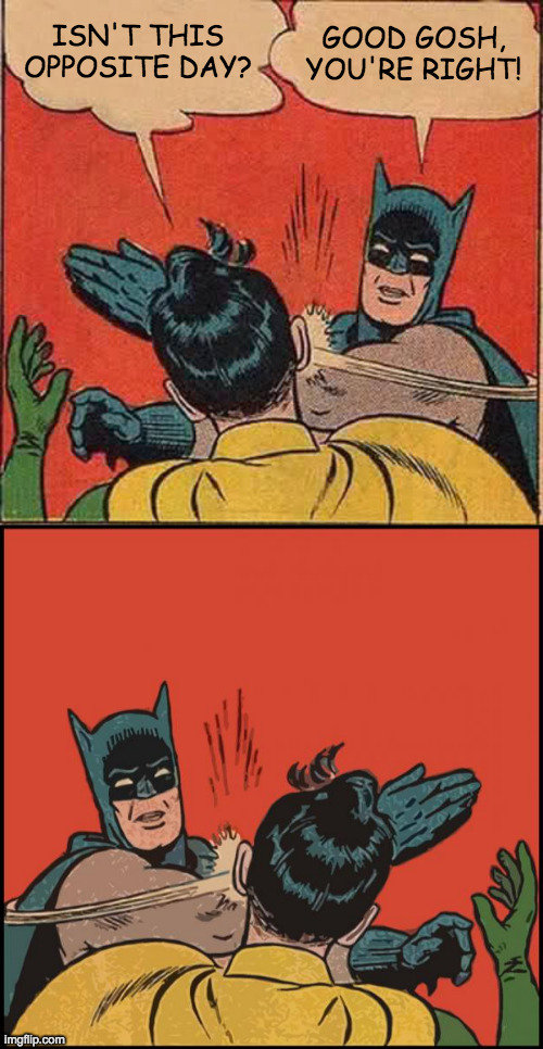 ISN'T THIS OPPOSITE DAY? GOOD GOSH, YOU'RE RIGHT! | image tagged in memes,batman slapping robin,batman slapping robin no bubbles | made w/ Imgflip meme maker