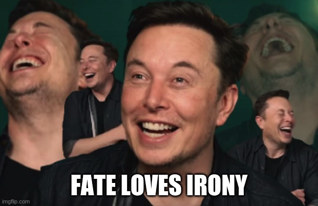 Elon Musk Laughing | FATE LOVES IRONY | image tagged in elon musk laughing | made w/ Imgflip meme maker