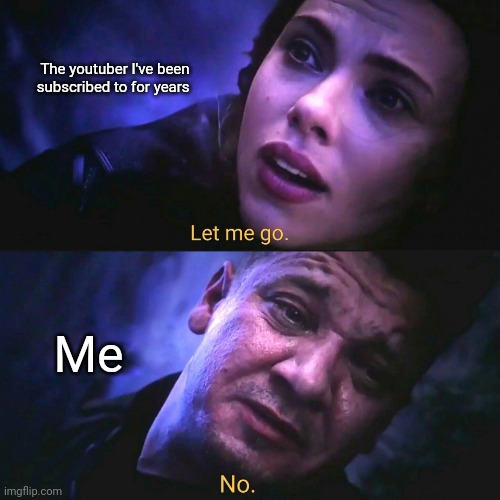 Let me go, No | The youtuber I've been subscribed to for years; Me | image tagged in let me go no | made w/ Imgflip meme maker