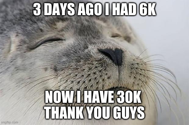 Satisfied Seal Meme | 3 DAYS AGO I HAD 6K; NOW I HAVE 30K 
THANK YOU GUYS | image tagged in memes,satisfied seal | made w/ Imgflip meme maker