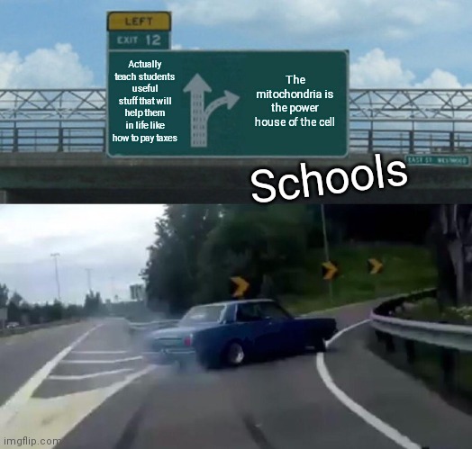 Left Exit 12 Off Ramp | Actually teach students useful stuff that will help them in life like how to pay taxes; The mitochondria is the power house of the cell; Schools | image tagged in memes,left exit 12 off ramp | made w/ Imgflip meme maker