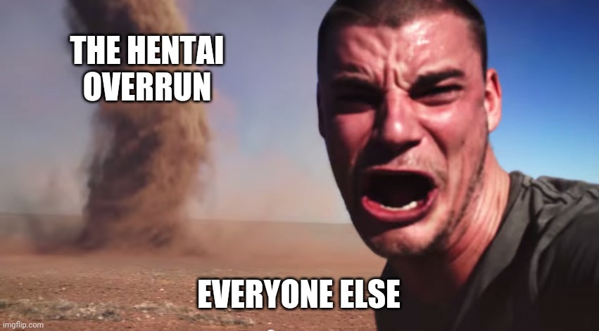I'm not complaining tho ¯\_( ͡° ͜ʖ ͡°)_/¯ | THE HENTAI OVERRUN; EVERYONE ELSE | image tagged in here it comes | made w/ Imgflip meme maker