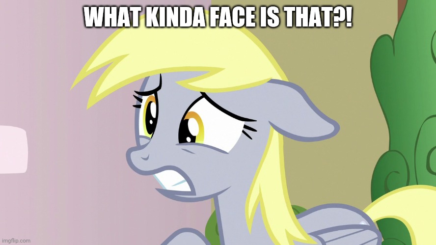 WHAT KINDA FACE IS THAT?! | image tagged in derpy hooves,my little pony friendship is magic | made w/ Imgflip meme maker