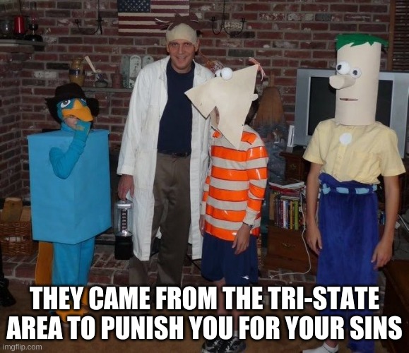 well shit | THEY CAME FROM THE TRI-STATE AREA TO PUNISH YOU FOR YOUR SINS | image tagged in memes,phineas and ferb,cursed image,costumes | made w/ Imgflip meme maker