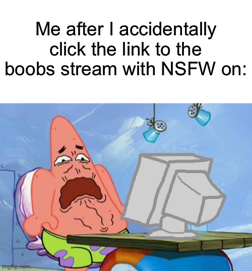True story | Me after I accidentally click the link to the boobs stream with NSFW on: | image tagged in blank white template,patrick star internet disgust | made w/ Imgflip meme maker