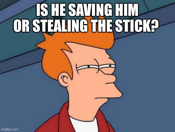 IS HE SAVING HIM OR STEALING THE STICK? | image tagged in memes,futurama fry | made w/ Imgflip meme maker