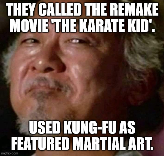 Miagi | THEY CALLED THE REMAKE MOVIE 'THE KARATE KID'. USED KUNG-FU AS FEATURED MARTIAL ART. | image tagged in miagi | made w/ Imgflip meme maker