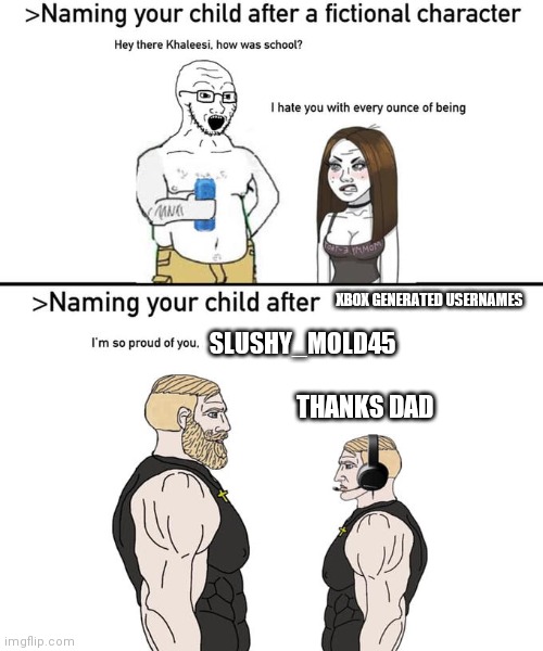 Naming your child after | XBOX GENERATED USERNAMES; SLUSHY_MOLD45; THANKS DAD | image tagged in naming your child after | made w/ Imgflip meme maker