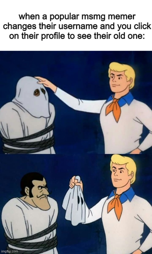 its that time of year | when a popular msmg memer changes their username and you click on their profile to see their old one: | image tagged in scooby doo mask reveal | made w/ Imgflip meme maker