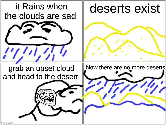 4 step plan on how to get rid of deserts! | it Rains when the clouds are sad; deserts exist; grab an upset cloud and head to the desert; Now there are no more deserts | image tagged in memes,blank comic panel 2x2,fun,funny meme,desert | made w/ Imgflip meme maker