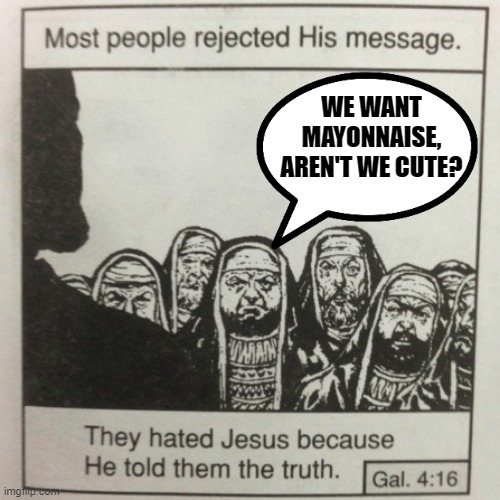 They hated jesus because he told them the truth | WE WANT MAYONNAISE, AREN'T WE CUTE? | image tagged in they hated jesus because he told them the truth | made w/ Imgflip meme maker