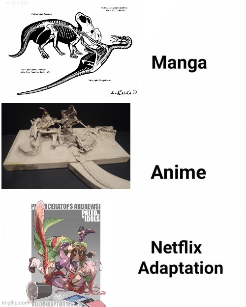 Why did they ruin my Bois | image tagged in netflix adaptation,paleo meme,paleo idol,velociraptor,protoceratops | made w/ Imgflip meme maker