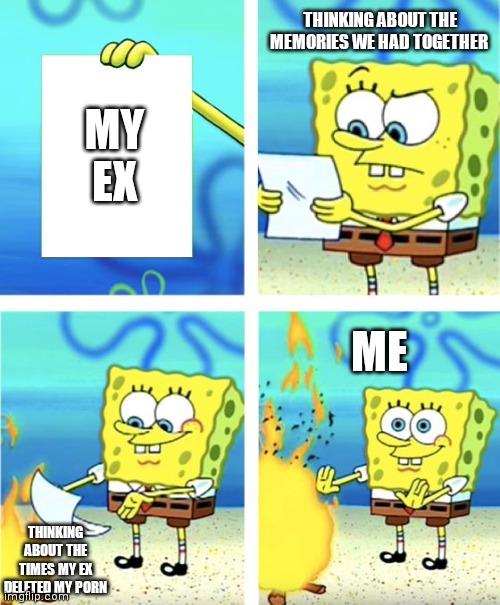 Spongebob Burning Paper | THINKING ABOUT THE MEMORIES WE HAD TOGETHER; MY EX; ME; THINKING ABOUT THE TIMES MY EX DELETED MY PORN | image tagged in spongebob burning paper,spongebob,memes,funny memes,lol,ex girlfriend | made w/ Imgflip meme maker