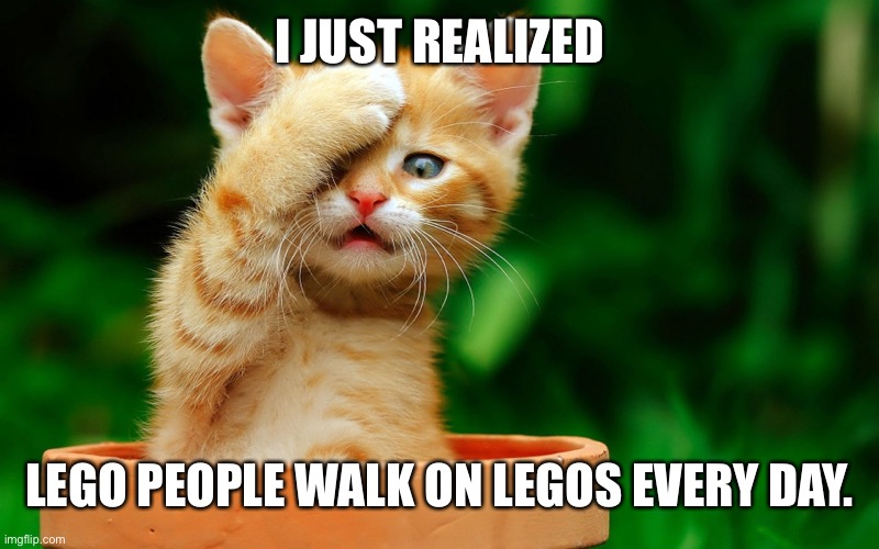 But how? | I JUST REALIZED; LEGO PEOPLE WALK ON LEGOS EVERY DAY. | image tagged in i just realized,lego | made w/ Imgflip meme maker