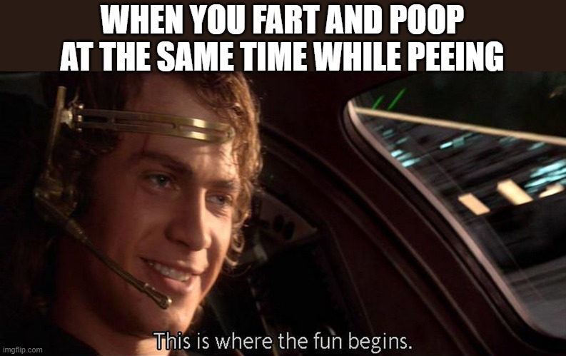it fucking hurts | WHEN YOU FART AND POOP AT THE SAME TIME WHILE PEEING | image tagged in this is where the fun begins | made w/ Imgflip meme maker