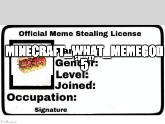 Official Meme Stealing License | MINECRAFT_WHAT_MEMEGOD; 5; SUBWAY | image tagged in official meme stealing license | made w/ Imgflip meme maker