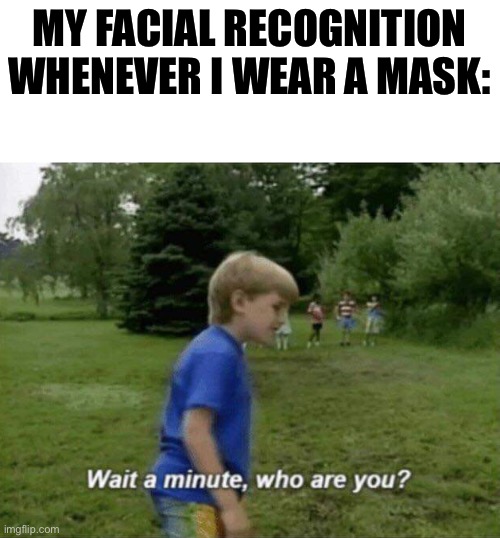 Wait a minute, who are you? | MY FACIAL RECOGNITION WHENEVER I WEAR A MASK: | image tagged in wait a minute who are you | made w/ Imgflip meme maker