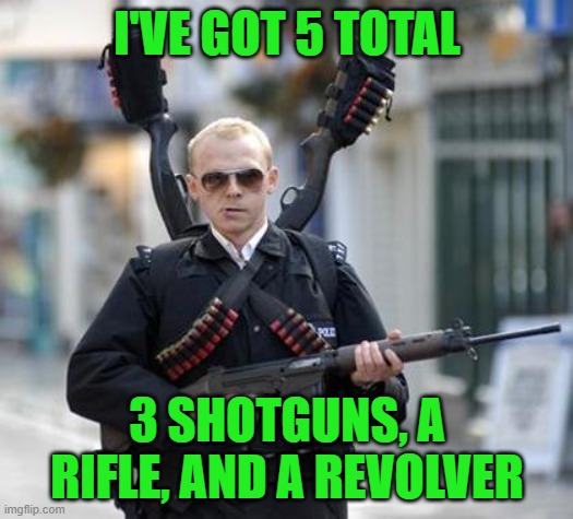 guy walking with shotguns movie | I'VE GOT 5 TOTAL 3 SHOTGUNS, A RIFLE, AND A REVOLVER | image tagged in guy walking with shotguns movie | made w/ Imgflip meme maker