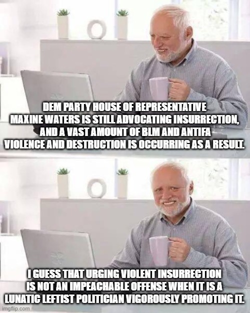 Altogether now . . . it is NEVER wrong when a leftist does it: | DEM PARTY HOUSE OF REPRESENTATIVE MAXINE WATERS IS STILL ADVOCATING INSURRECTION,  AND A VAST AMOUNT OF BLM AND ANTIFA VIOLENCE AND DESTRUCTION IS OCCURRING AS A RESULT. I GUESS THAT URGING VIOLENT INSURRECTION IS NOT AN IMPEACHABLE OFFENSE WHEN IT IS A LUNATIC LEFTIST POLITICIAN VIGOROUSLY PROMOTING IT. | image tagged in memes,hide the pain harold | made w/ Imgflip meme maker
