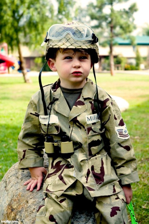 Kid wearing Military uniform | image tagged in kids,millitary,uniform,clothes,green,children | made w/ Imgflip meme maker