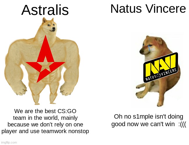 It's a CS:GO meme. If you don't get it, you don't get it. |  Astralis; Natus Vincere; We are the best CS:GO team in the world, mainly because we don't rely on one player and use teamwork nonstop; Oh no s1mple isn't doing good now we can't win  :((( | image tagged in memes,buff doge vs cheems,csgo | made w/ Imgflip meme maker