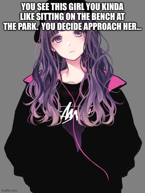Btw she is 17 | YOU SEE THIS GIRL YOU KINDA LIKE SITTING ON THE BENCH AT THE PARK.  YOU DECIDE APPROACH HER... | image tagged in rp | made w/ Imgflip meme maker