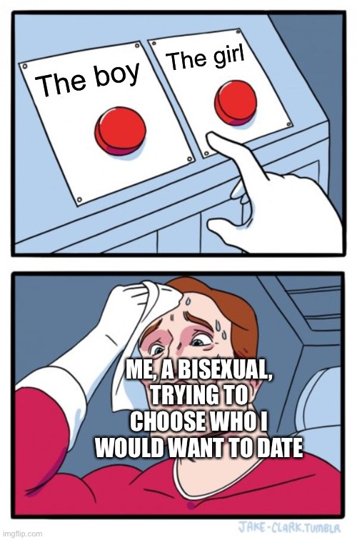 Two Buttons | The girl; The boy; ME, A BISEXUAL, TRYING TO CHOOSE WHO I WOULD WANT TO DATE | image tagged in memes,two buttons,bisexual,girls,boys,dating | made w/ Imgflip meme maker