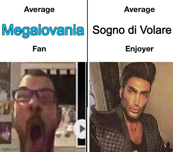 https://www.youtube.com/watch?v=WQYN2P3E06s | Sogno di Volare; Megalovania | image tagged in average fan vs average enjoyer,music | made w/ Imgflip meme maker