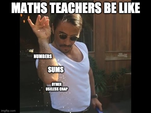 Salt guy | MATHS TEACHERS BE LIKE; NUMBERS; SUMS; OTHER USELESS CRAP | image tagged in salt guy,maths | made w/ Imgflip meme maker