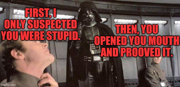 You had to open your mouth. | THEN, YOU OPENED YOU MOUTH AND PROOVED IT. FIRST, I ONLY SUSPECTED YOU WERE STUPID. | image tagged in darth vader,stupid,prooved it | made w/ Imgflip meme maker