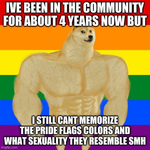 i hate myself for not knowing this but i am getting better at pronouns | IVE BEEN IN THE COMMUNITY FOR ABOUT 4 YEARS NOW BUT; I STILL CANT MEMORIZE THE PRIDE FLAGS COLORS AND WHAT SEXUALITY THEY RESEMBLE SMH | image tagged in gay ass doge | made w/ Imgflip meme maker