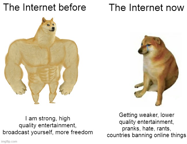 Please save the Internet, guys... |  The Internet before; The Internet now; Getting weaker, lower quality entertainment, pranks, hate, rants, countries banning online things; I am strong, high quality entertainment, broadcast yourself, more freedom | image tagged in memes,buff doge vs cheems,the internet,entertainment | made w/ Imgflip meme maker