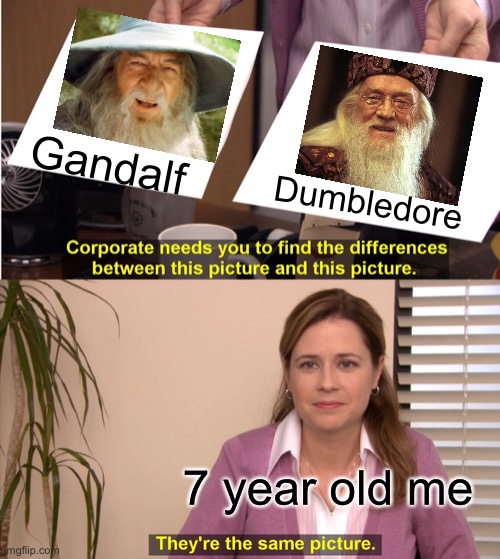 They're The Same Picture | Gandalf; Dumbledore; 7 year old me | image tagged in memes,they're the same picture,gandalf,dumbledore,so true memes,oh wow are you actually reading these tags | made w/ Imgflip meme maker