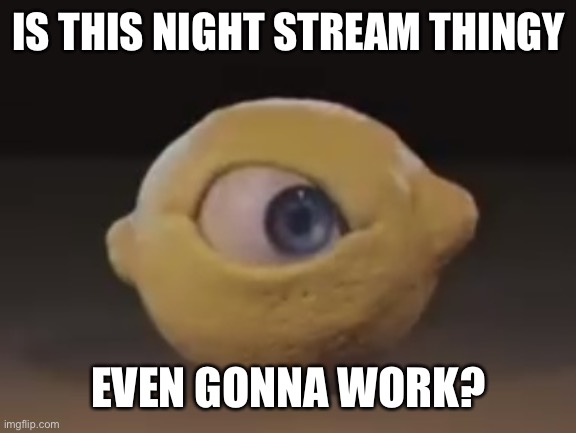 Omega Mart Lemon |  IS THIS NIGHT STREAM THINGY; EVEN GONNA WORK? | image tagged in omega mart lemon | made w/ Imgflip meme maker