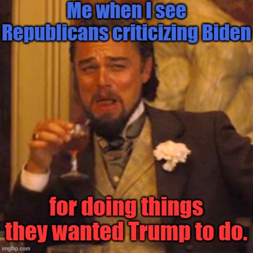 Task failed successfully | Me when I see Republicans criticizing Biden; for doing things they wanted Trump to do. | image tagged in memes,laughing leo,joe biden,donald trump,failure,conservative hypocrisy | made w/ Imgflip meme maker