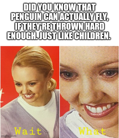 Just like children | DID YOU KNOW THAT PENGUIN CAN ACTUALLY FLY, IF THEY'RE THROWN HARD ENOUGH. JUST LIKE CHILDREN. Wait     What | image tagged in wait what | made w/ Imgflip meme maker