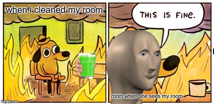 This Is Fine | when i cleaned my room; mom when she sees my room | image tagged in memes,this is fine | made w/ Imgflip meme maker